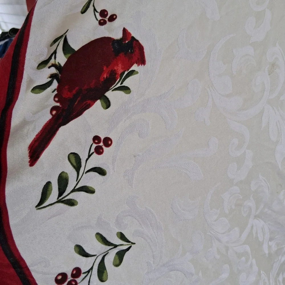 Vintage 90s Y2k Christmas Tablecloth Damask Cardinal Poinsettia 60x84